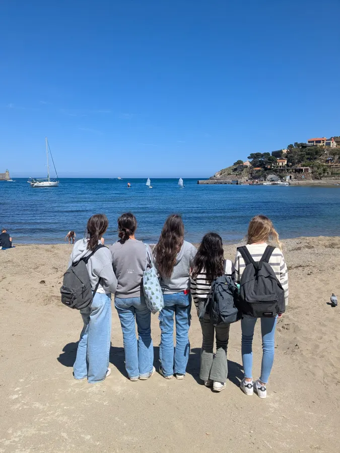 Alumnos vistos de espaldas en la playa, frente al mar, bajo un cielo azul