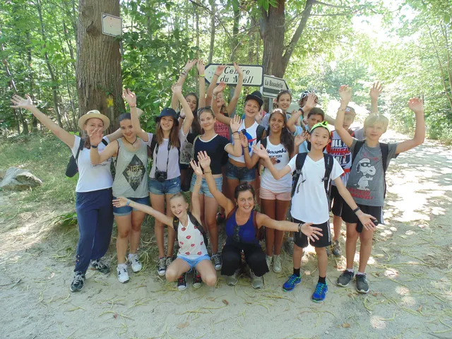 Un groupe de jeunes, les bras en l’air, devant un panneau de direction du centre FIL sur un chemin de forêt